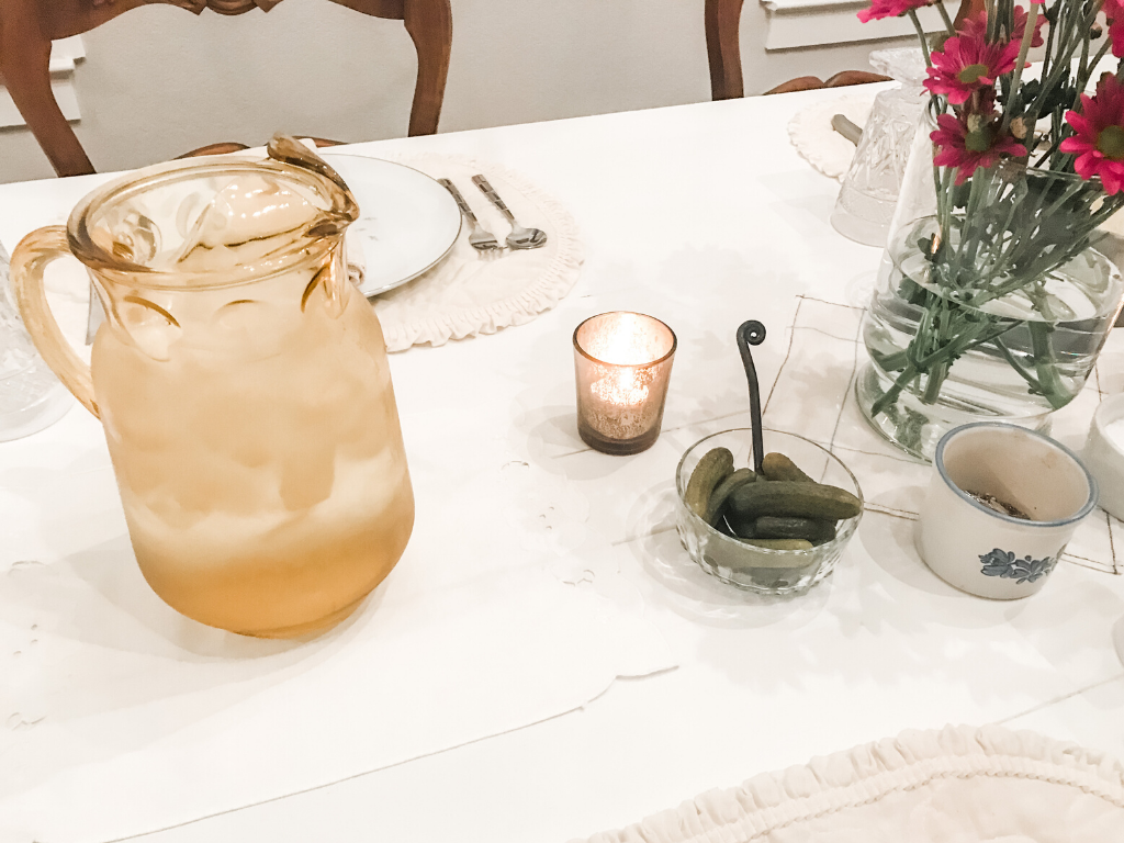 Water pitcher on table for dinner party