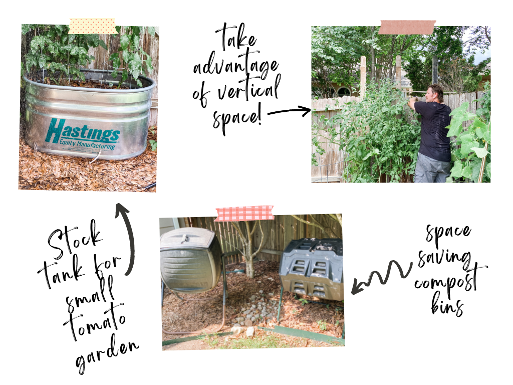 space saving compost bin and garden tools in small backyard
